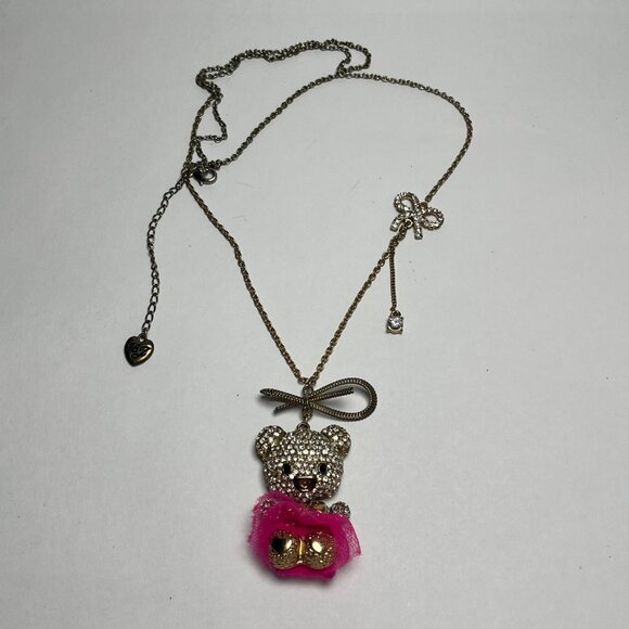 Betsey Johnson Crystal Teddy Bear ballerina gold magenta Pendant Necklace 28" - Picture 7 of 7
